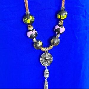 Handmade tassel pendant necklace hand painted beads on a leather cord 36’ OOAK